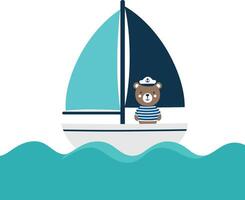 Cute bear sailor on a sailboat in flat art style with ocean waves vector