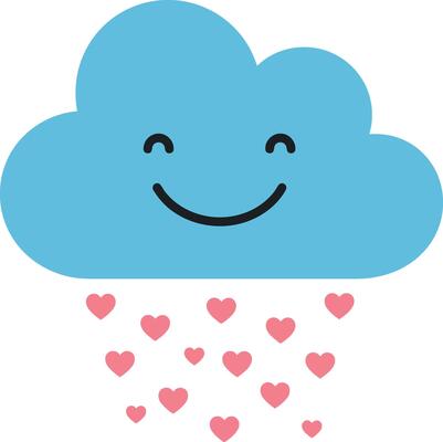 Happy blue cloud with smiling face raining pink hearts in flat illustration