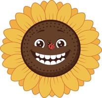 Cheerful sunflower character with smiling face and ladybug, minimal illustration vector