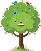 Happy cartoon tree with smiling face and colorful birds perched on its branches in flat art vector