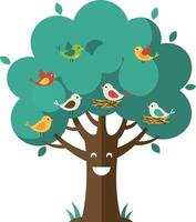Happy tree with colorful birds perched on branches in a flat illustration vector
