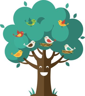 Happy tree with colorful birds perched on branches in a flat illustration
