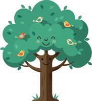 Happy tree with smiling face surrounded by colorful birds in flat art vector