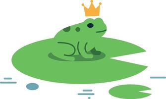 Green frog sitting on a lily pad with a crown in a minimal illustration vector