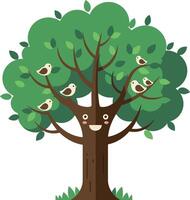 Happy tree with smiling face and playful birds in a flat illustration vector