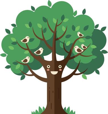 Happy tree with smiling face and playful birds in a flat illustration
