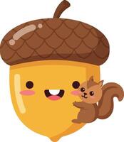 Cute smiling acorn with a playful squirrel in a flat and colorful style art vector