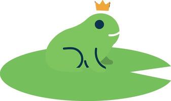 Green frog sitting on a lily pad with a crown in a flat illustration vector
