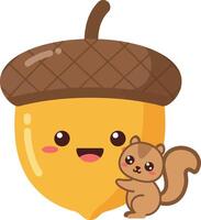 Cute squirrel hugging a smiling acorn in flat art style vector