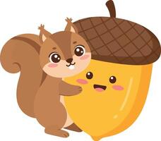 Cute squirrel hugging a cheerful acorn in a playful flat illustration vector