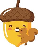 Cheerful squirrel hugging a smiling acorn in playful flat illustration vector