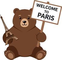 Cute bear holding a sign that reads Welcome to Paris with Eiffel Tower model in flat art vector