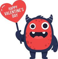 Cute red monster holding a heart-shaped balloon with a cheerful Valentines Day message in flat art vector