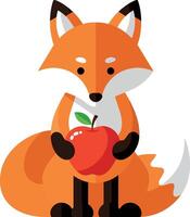 A playful orange fox holding a red apple in a minimal, flat design illustration vector