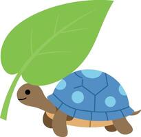 Cute turtle carrying a large green leaf in a minimal flat design art vector