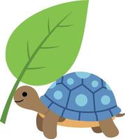 Cute turtle with a blue shell under a large green leaf in flat art vector