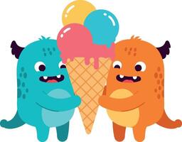 Two playful cartoon monsters joyfully sharing a colorful ice cream cone in a flat illustration vector