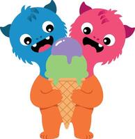 Two playful cartoon monsters joyfully sharing a colorful ice cream cone in flat illustration vector
