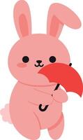 Cute pink rabbit holding a red umbrella in a playful and whimsical flat illustration vector