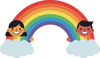 Two cheerful children holding a vibrant rainbow with fluffy clouds in a flat illustration vector