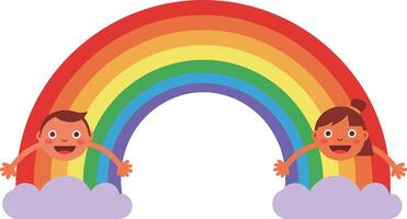 Two cheerful children joyfully peeking out from colorful rainbow clouds in flat illustration vector