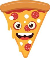 Cartoon-style smiling pizza slice with pepperoni and cheese in flat art vector