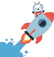Cute rabbit astronaut joyfully riding a colorful rocket in a flat illustration vector