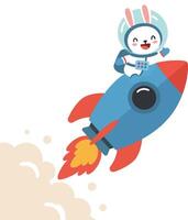 Cute rabbit astronaut joyfully riding a colorful rocket in a playful flat illustration vector