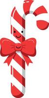 Cheerful candy cane character with a red bow in a flat, minimal style illustration vector