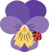 Purple flower with vibrant petals and a ladybug resting on the bloom in flat art vector