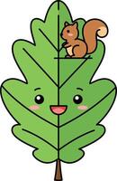 Happy cartoon leaf character with a smiling face and a playful squirrel in flat art vector
