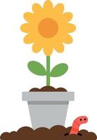 Bright sunflower blooming in a grey pot with soil and a red worm, flat illustration vector