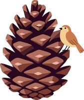 Detailed illustration of a pine cone with a small brown bird perched on its side in a flat design style vector