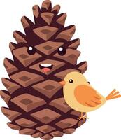 Happy pine cone character with cheerful bird in flat art style vector
