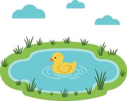 Yellow duck swimming in a serene pond surrounded by lush greenery in flat art vector
