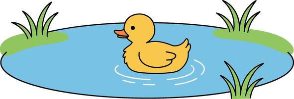 Yellow duck swimming in a serene pond surrounded by green grass in flat art vector