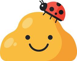 Happy yellow blob character with a smiling face and a cute ladybug sitting on top, flat illustration vector