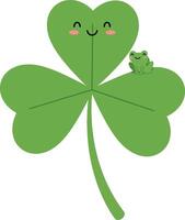 Happy green four-leaf clover with a smiling frog in flat art vector