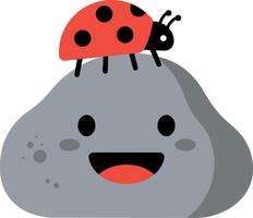 A cheerful rock character with a smiling face and a ladybug resting on top in flat art vector