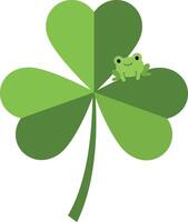 A cheerful green frog perched on a lush four-leaf clover in flat art vector