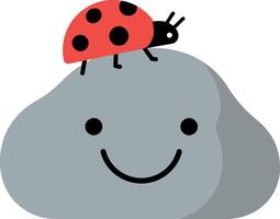 Happy smiling rock with a red ladybug perched on top in flat art vector