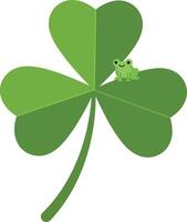 Green four-leaf clover with a small frog sitting on it in flat art vector