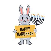 Cute rabbit holding a sign that says Happy Hanukkah with menorah in a flat illustration vector