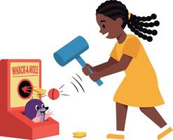 Young girl playing a whack-a-mole game with a playful expression in flat art vector
