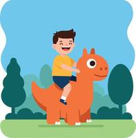 A joyful boy riding an orange dinosaur in a playful flat illustration surrounded by green trees and a bright blue sky vector