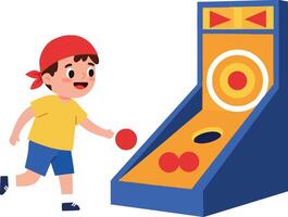 A cheerful boy playing a colorful arcade game in a flat illustration vector