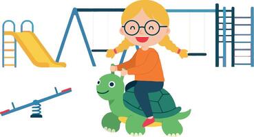 Happy girl playing on green turtle toy at colorful playground in flat art vector