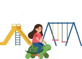 A cheerful girl riding a green turtle in a playground with swings and a slide, flat illustration vector