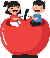 Two joyful children playing inside a large red apple in a flat illustration vector