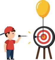 A young boy aiming at a target with a dart in a flat illustration vector